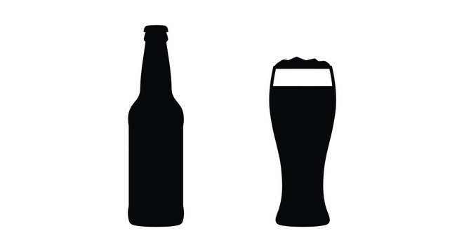 Black silhouettes of a beer bottle and a pint glass stand on a white background