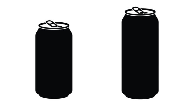 Two black silhouettes of aluminum beverage cans with pull tabs against a white background