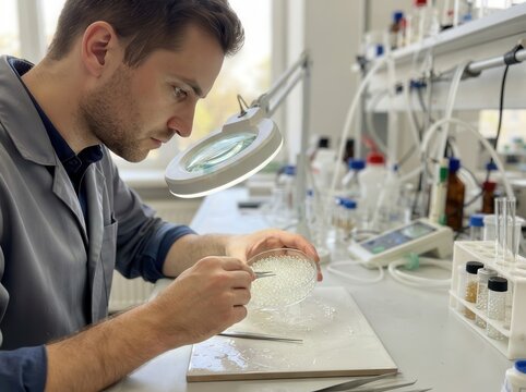 Scientist meticulously examining microscopic beads with professional precision for advanced chemical research study