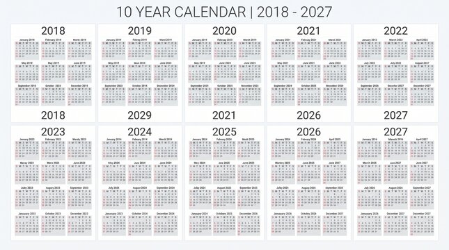 Ten year calendar for 2018 through 2027 annual schedule planner