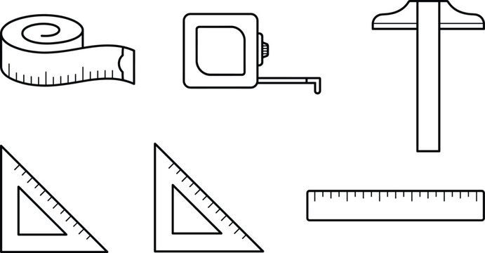 Measurement tools and ruler line icons set with tape measure triangle square straightedge and drafting t square symbols