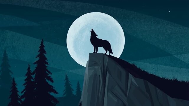 A dark silhouette of a wolf howling on a rocky cliff against a large full moon and a blue starry night sky with evergreen pine trees.