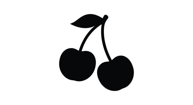 Black silhouette of two cherries with a stem and single leaf on a white background