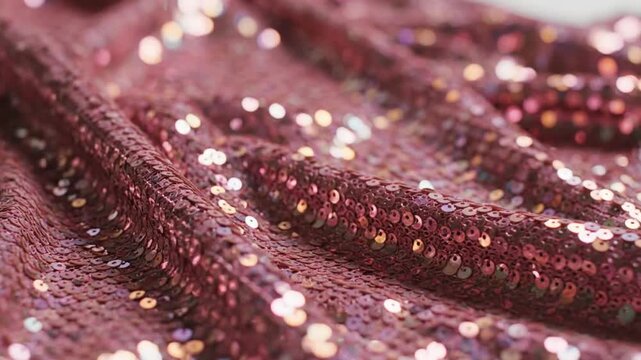 A close-up shot of sparkling, reflective pink or rose-gold sequin fabric with soft waves and glittering bokeh lights in the background.