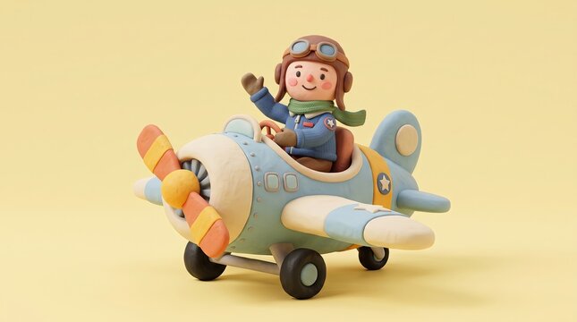 Adorable vintage pilot waving from a cute retro propeller plane, pastel colors, soft studio lighting, miniature style