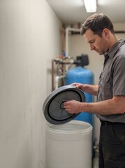 Obraz premium Technician Performing Maintenance on a Residential Water Softener System