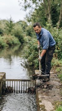 Worker Performing Essential River Maintenance and Debris Removal
