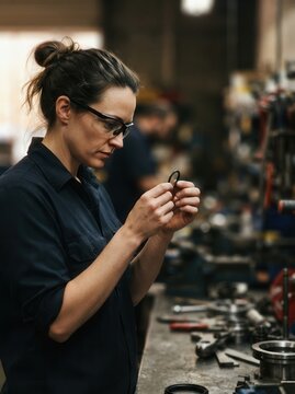 Female Machinist Inspecting Mechanical Gasket Component in Industrial Workshop Environment for Precision Engineering and Quality Control Standards