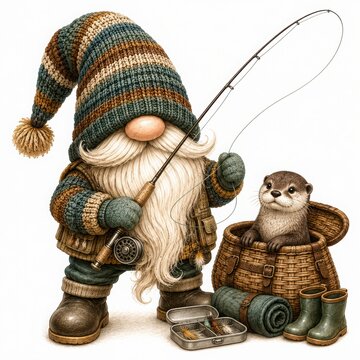 Whimsical gnome fishing with otter companion in nature setting