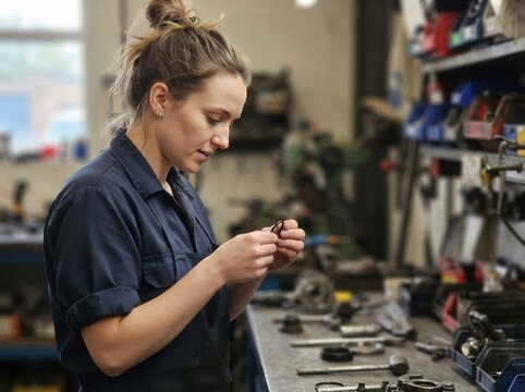 Mechanic Concentrating on Precision Component Inspection in a Professional Industrial Workshop Setting Focused on Engineering Excellence