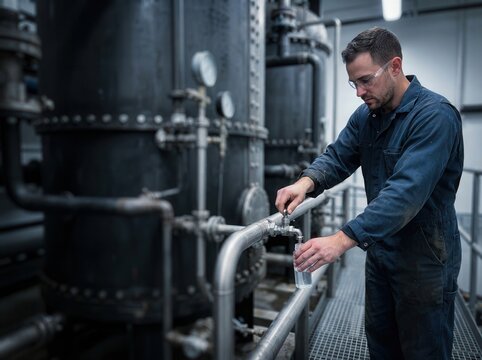 Technician Performing Precise Liquid Quality Control Sampling in a Modern Industrial Facility with Complex Piping and Heavy Machinery Equipment