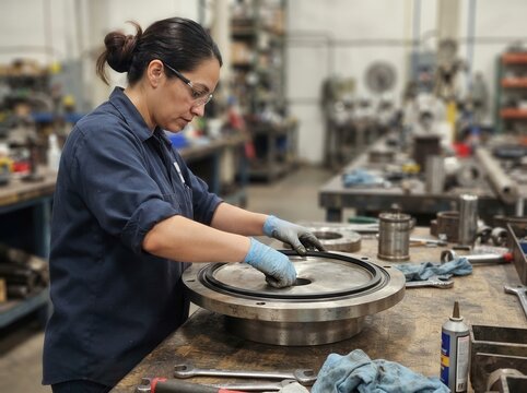 Industrial Technician Carefully Assembling Precision Metal Components on a Workbench in a Professional Manufacturing Factory Workshop Setting