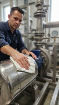 A Diligent Industrial Technician Carefully Cleaning and Maintaining Stainless Steel Machinery