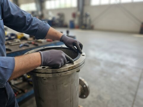 Technician Performing Precision Maintenance on Industrial Metal Piping Systems within a Professional Manufacturing Facility Environment