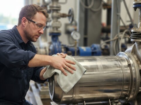A Diligent Industrial Engineer Carefully Polishing Metallic Machinery Components in a Modern Manufacturing Facility