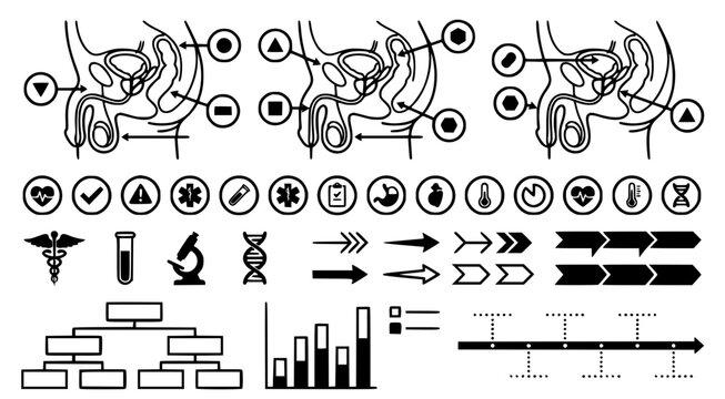 Medical flowchart and clinical icon set for urology and reproductive health showing diagnostic steps and patient tracking symbols in black line art style for hospital and clinic documentation