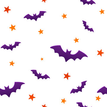 Halloween seamless pattern with purple bats and orange stars