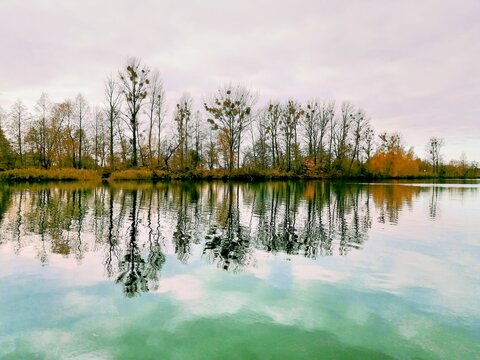 Scenic autumn river landscape with colourful trees reflecting in calm water surface under a cloudy sky