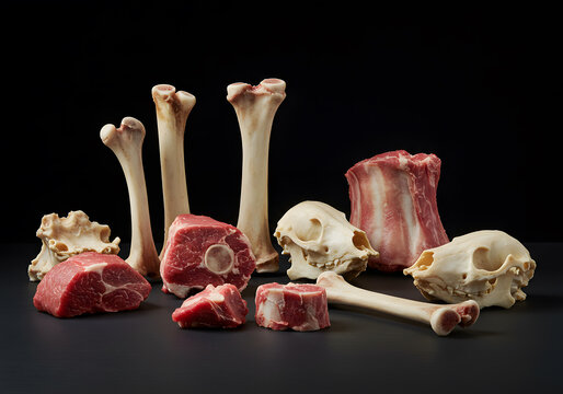 Raw meat cuts and bones still life