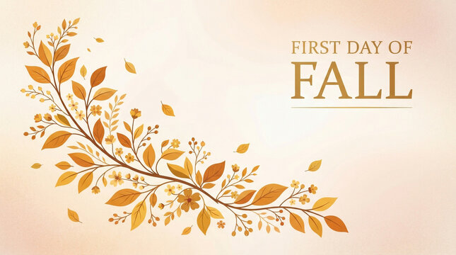 First day of fall season greeting card vector. Warm autumn branch illustration with golden leaves. Horizontal banner design for seasonal marketing and cards.