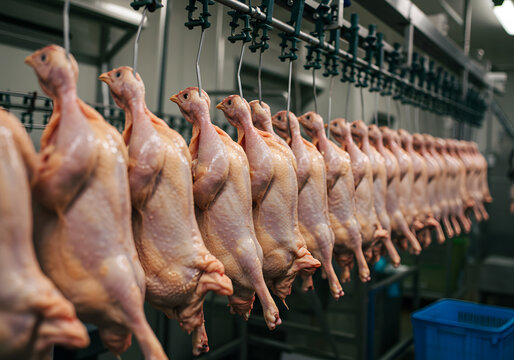 Raw poultry carcasses on conveyor