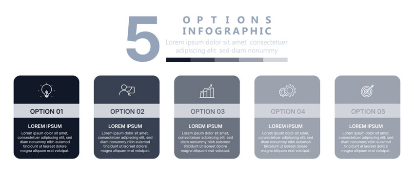 5 Options Business Infographic Template with Five Steps, Icons and Modern Minimal Process Layout for Presentation and Workflow