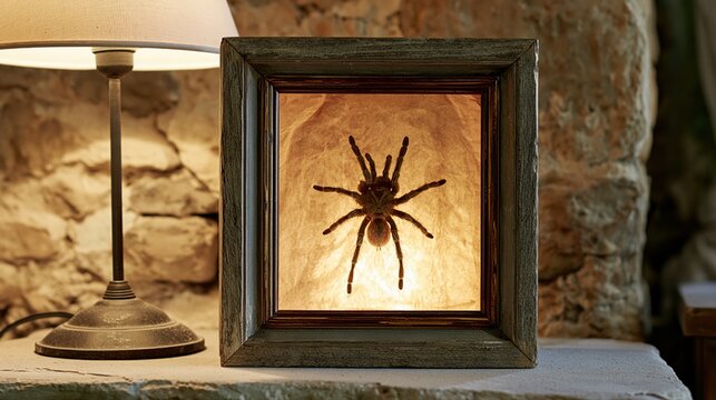 Glowing lamp frame displays a large spider