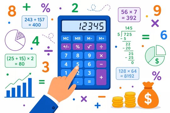 Hand using a blue desktop calculator for mathematical and financial calculations