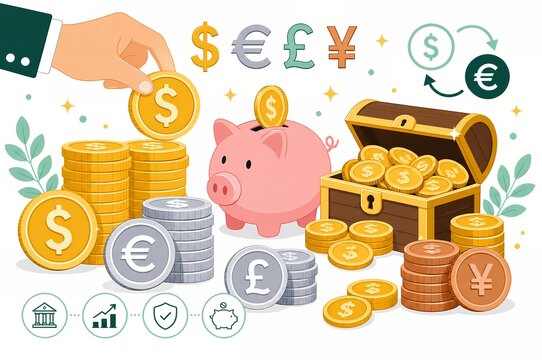 Hand stacking coins on a financial savings layout with piggy bank and treasure chest