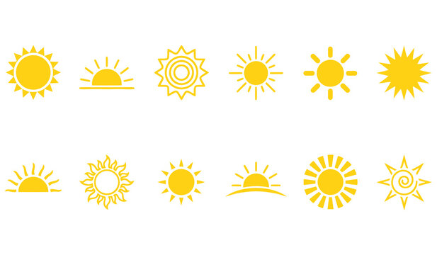 Sun and sunshine icon collection with simple circular rays and bright seasonal symbols for cheerful designs