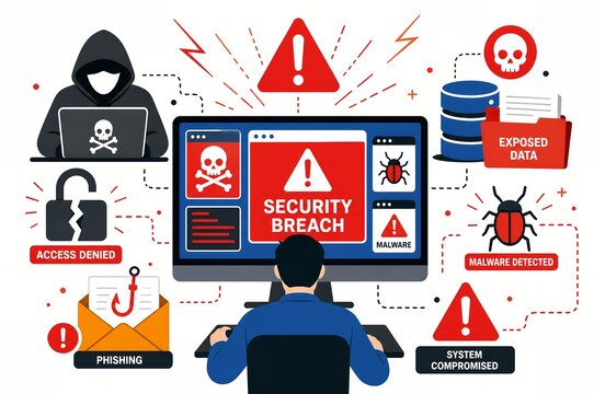 IT operator facing critical security breach on computer screen from cyber threat incidents
