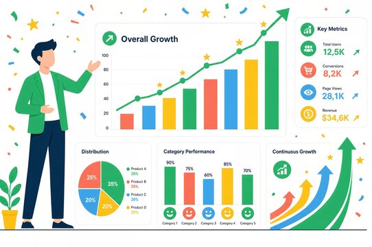 Corporate presenter showcasing business performance analytics and key metrics dashboard