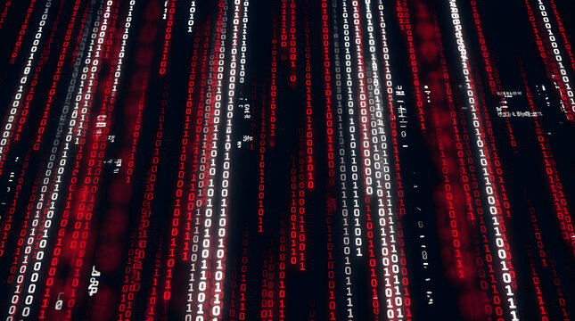 Red binary code rain on black background, digital matrix data stream, cybersecurity and hacking concept background