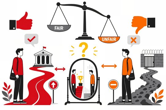 Social equity concept illustrating fair versus unfair pathways to success