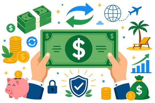 Hands holding a large dollar bill surrounded by financial management and savings elements