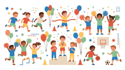 Fototapeta premium Happy children playing sports colorful activity flat design.