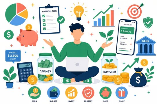 Young man managing personal finance budget and investment goals on laptop computer