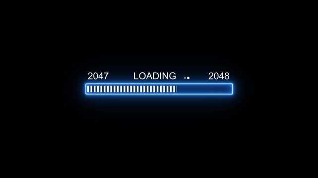 Neon blue 2047 to 2048 new year loading progress bar with digital glitch effect and futuristic data interface