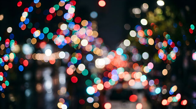 Colorful bokeh lights background, blurry city street night illumination, abstract festive holiday backdrop