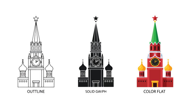 Kremlin tower icon set in three styles: Glyph solid icon - Editable modern style icon - Clipart, sticker - icon set - Clipart