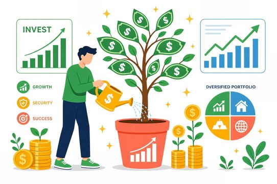 Young investor watering a money tree representing asset growth and a diversified portfolio