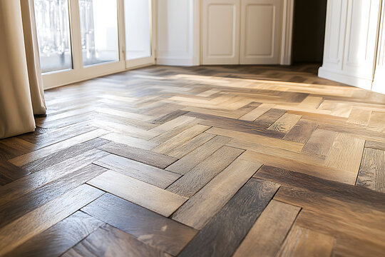 Herringbone hardwood floor pattern with natural light and authentic wooden texture.