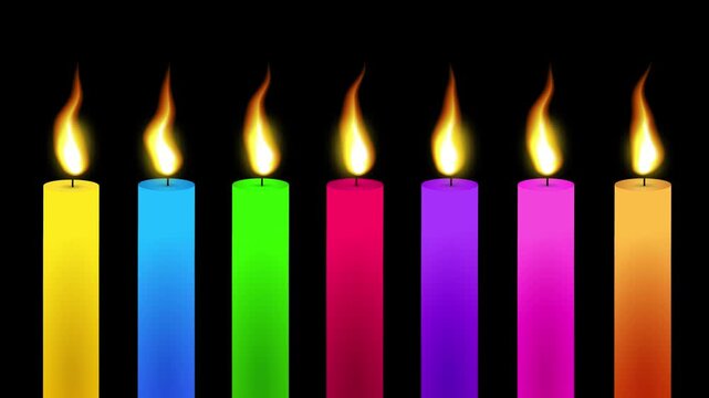 Colorful lit candles over black background
