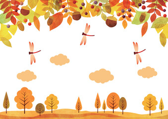 秋、背景、木立、紅葉、とんぼ、かわいい、イラスト、横 © nana10n no AI
