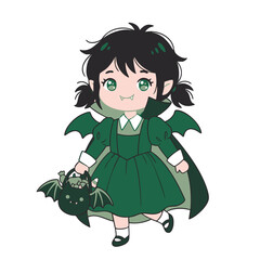Fototapeta premium Cute halloween vampire girl cartoon character in green dracula costume holding trick or treat bag on white background