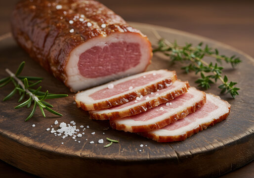 Sliced smoked meat on rustic board