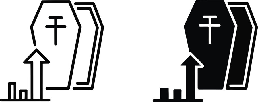 Mortality line icon set featuring death rate graphs, population statistics, demographic analysis, health data, and medical research vector symbols.