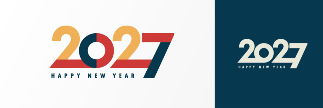 Happy New Year 2027, typography logo design concept. Modern vector Christmas numbers for New Year design, seasonal banners or posters