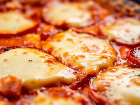 Melted cheese glistens on a bed of savory pepperoni, lunch, snack