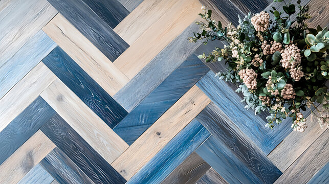 Blue and natural wood herringbone flooring with floral arrangement and rustic styling.